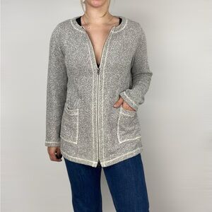 EILEEN FISHER Full Zip Tweed Front Pocket Jacket Marled Gray Knit Organic Cotton